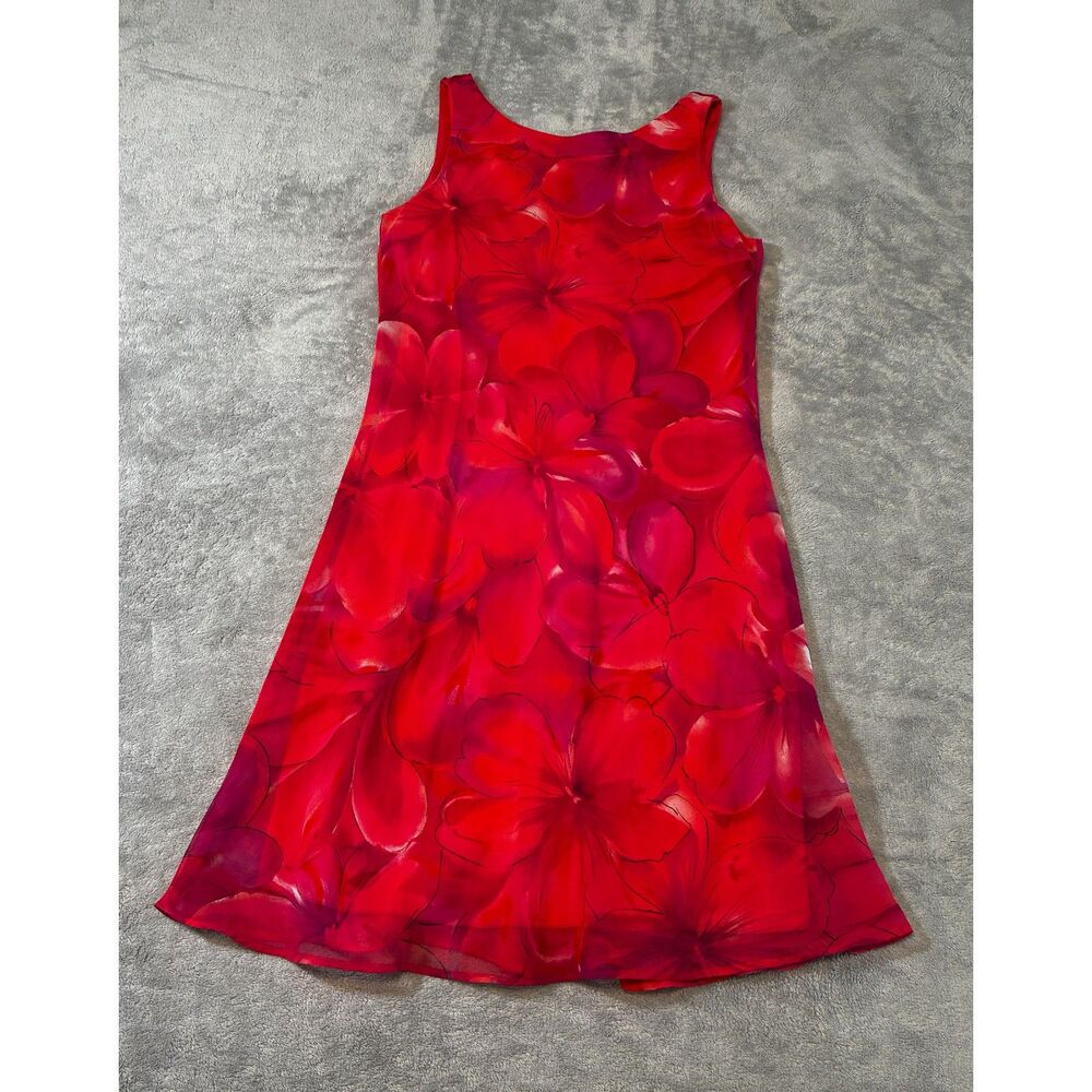 Alyn Paige Red Floral Dress Size 9/10 Made in USA 90s Fit & Flare Sheer